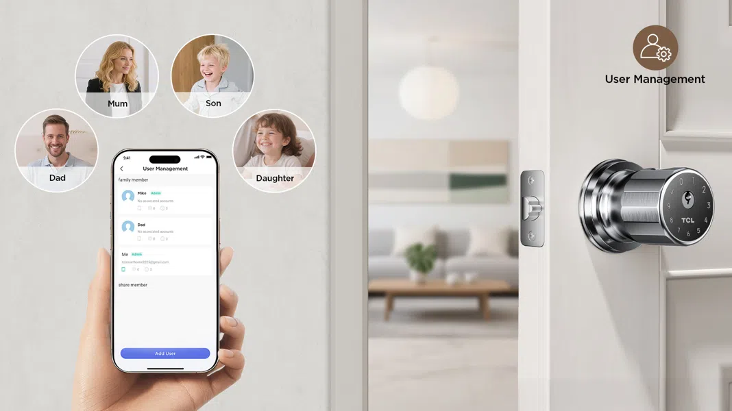 TCL Smart Door Knob Lock K1 - Fingerprint, Keyless Entry, App Control, Auto Lock For Bedroom, Home, Office