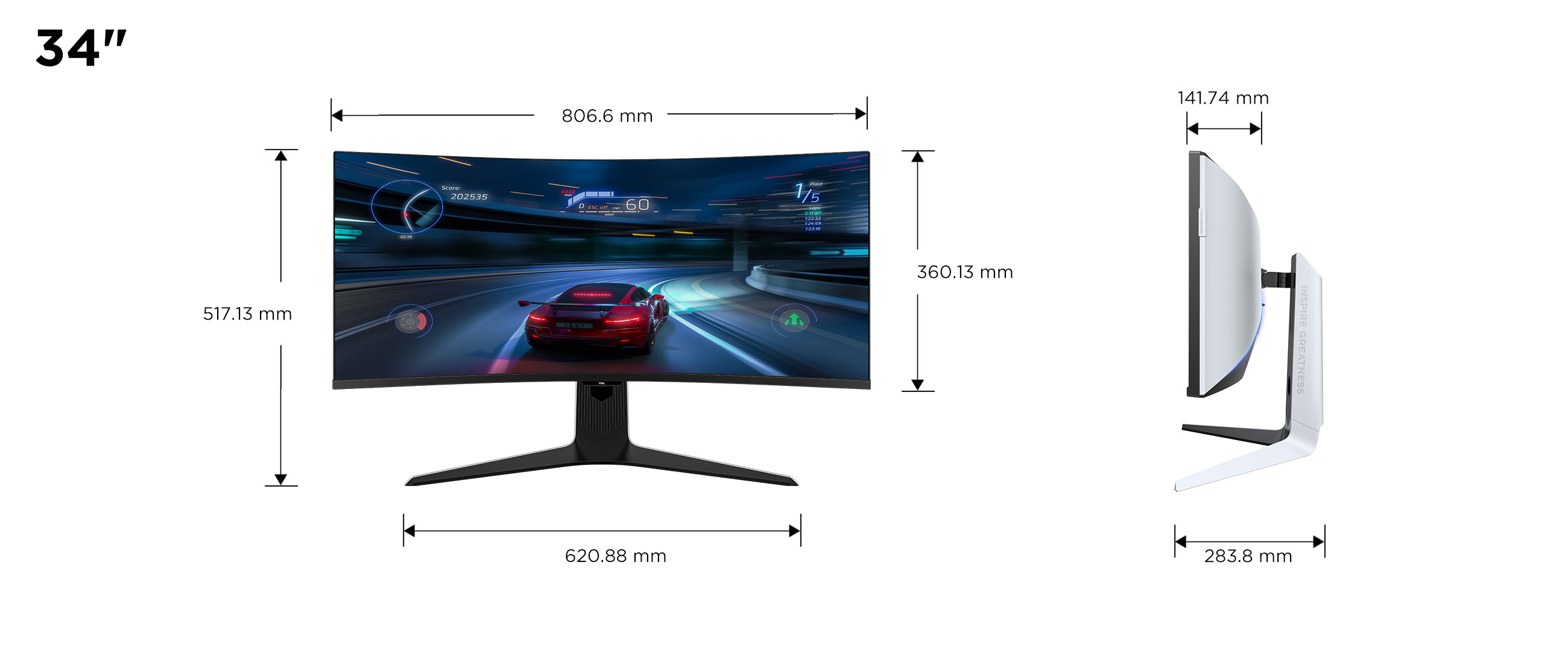 TCL 34R83Q Monitor Dimensions