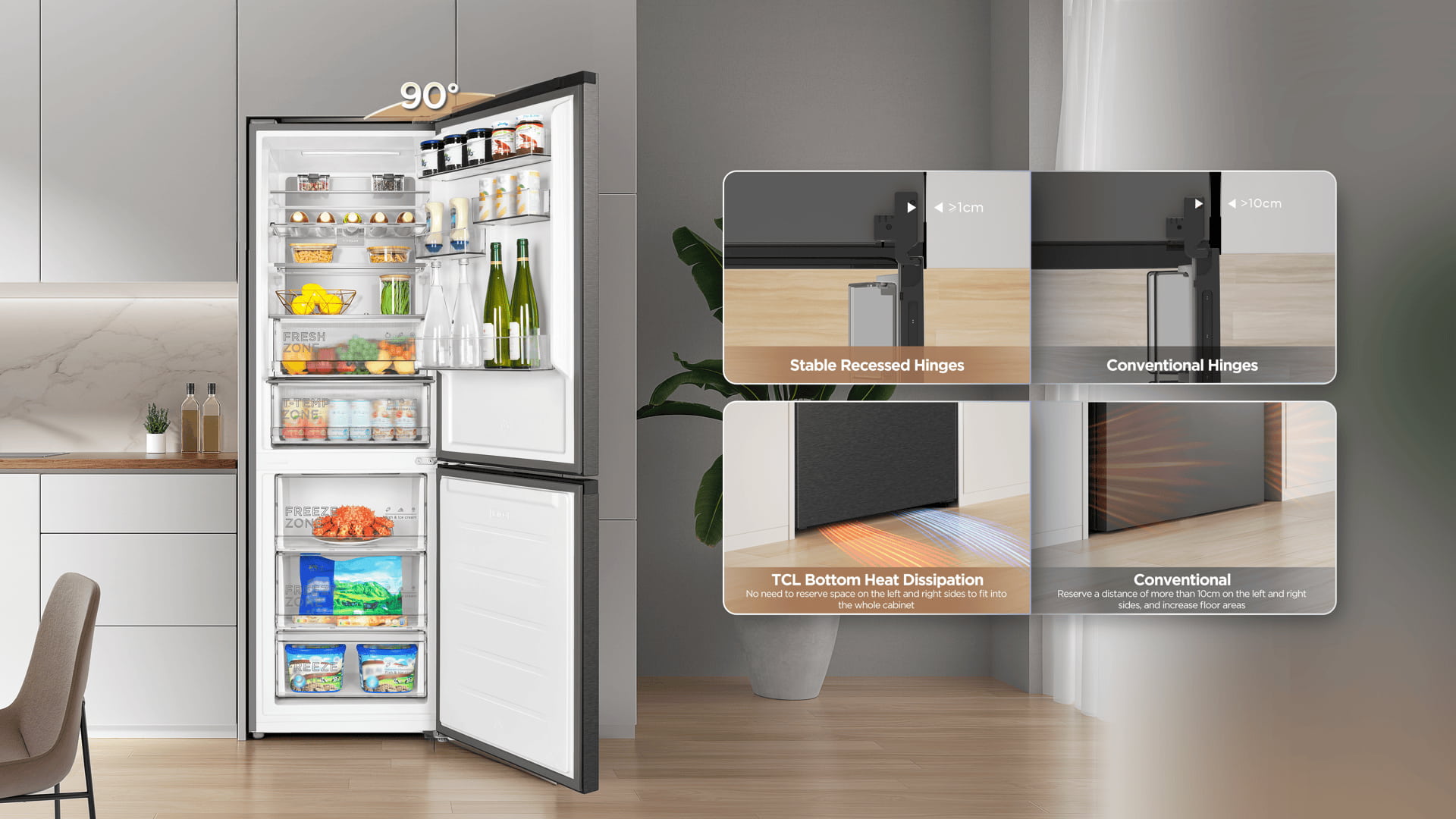 TCL RC340BXC0 refrigerator 90° opening door