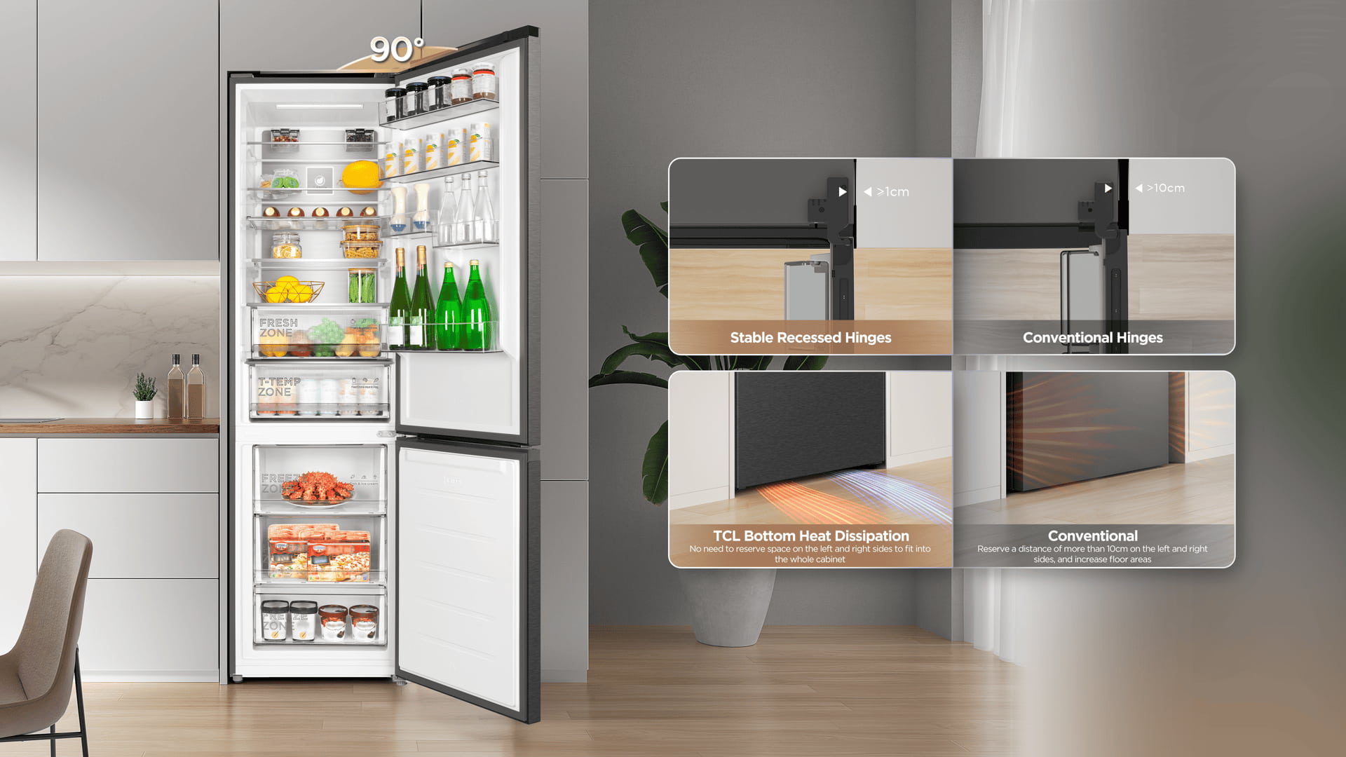 TCL RC382BXC0 refrigerator 90° opening door