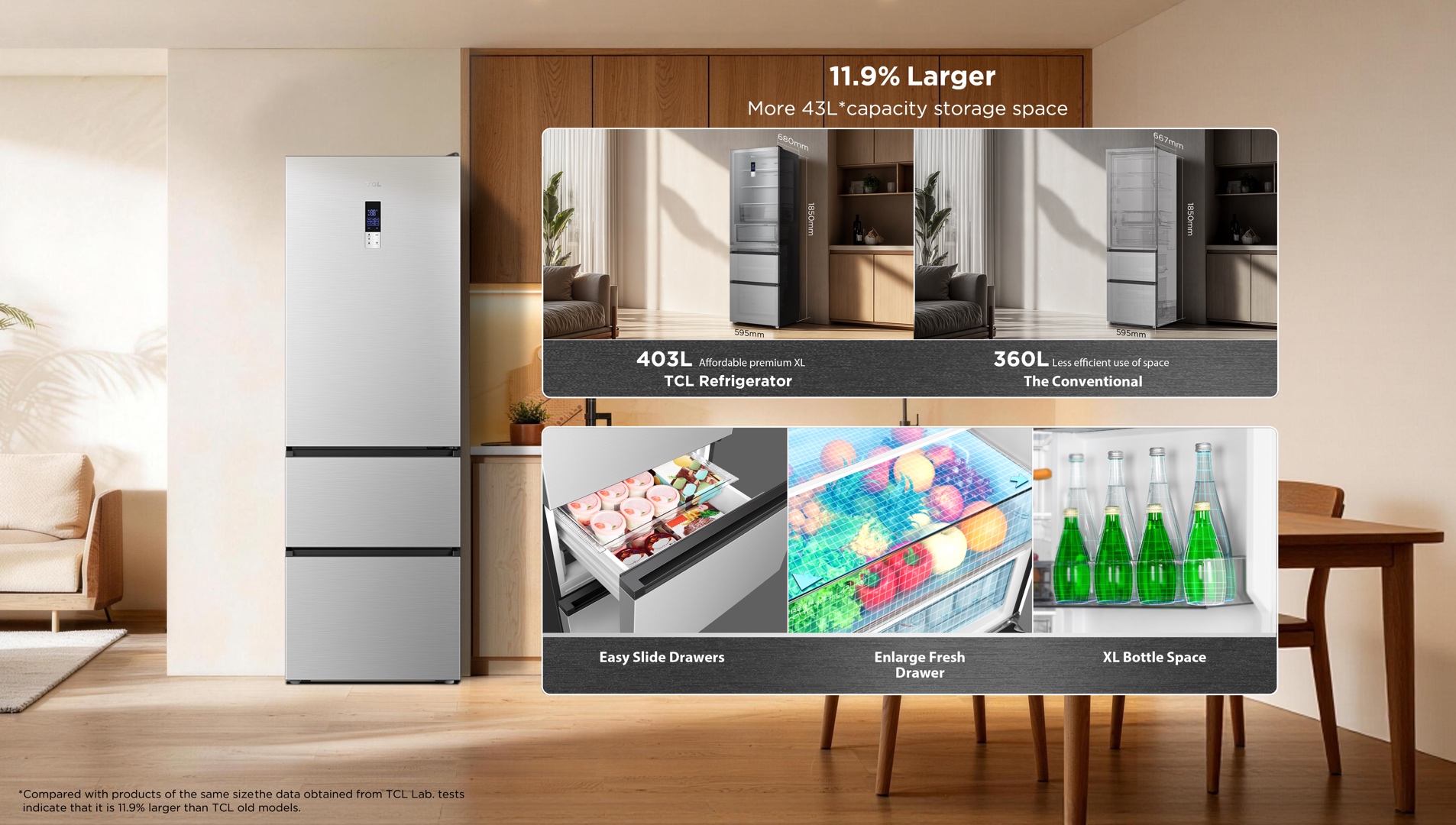 TCL fridge has larger capacity for more storage space