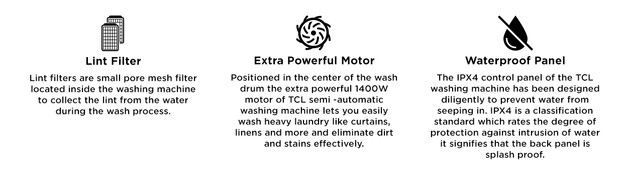 Lint Filter, Extra Powerful Motor and Waterproof Panel : 7.0kg Semi Automatic Washing Machine Additional Features